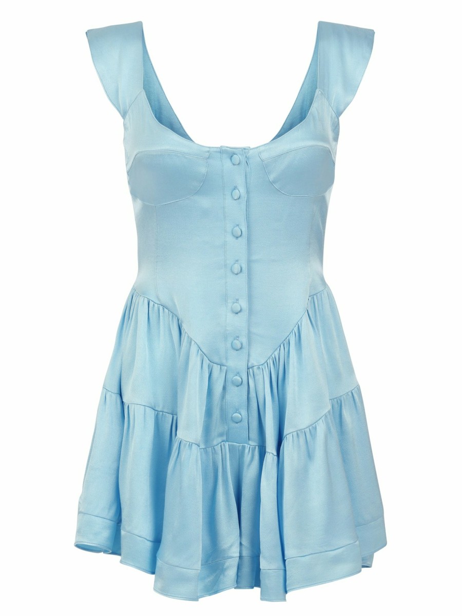 Clothing Vanessa Mooney | The Elisabeth Romper Dress - Sky Blue Satin