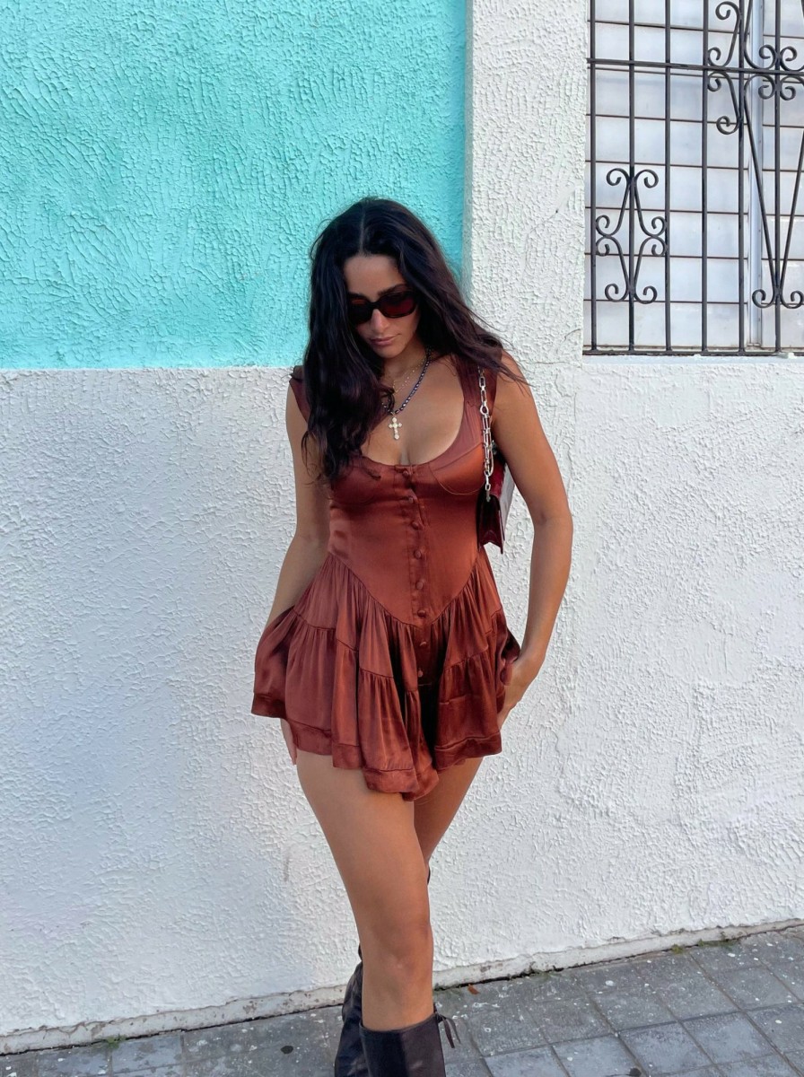 Clothing Vanessa Mooney | The Elisabeth Romper Dress - Chocolate Satin