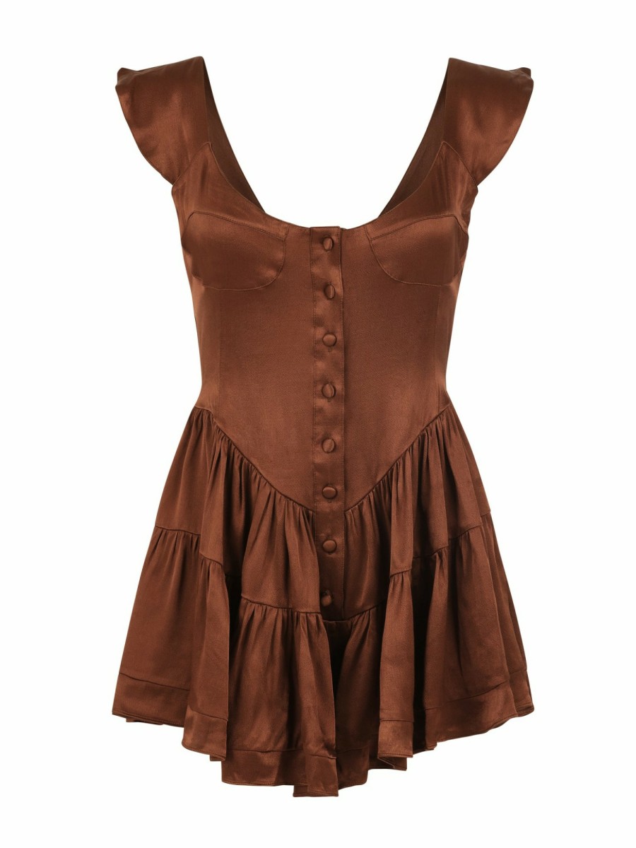 Clothing Vanessa Mooney | The Elisabeth Romper Dress - Chocolate Satin