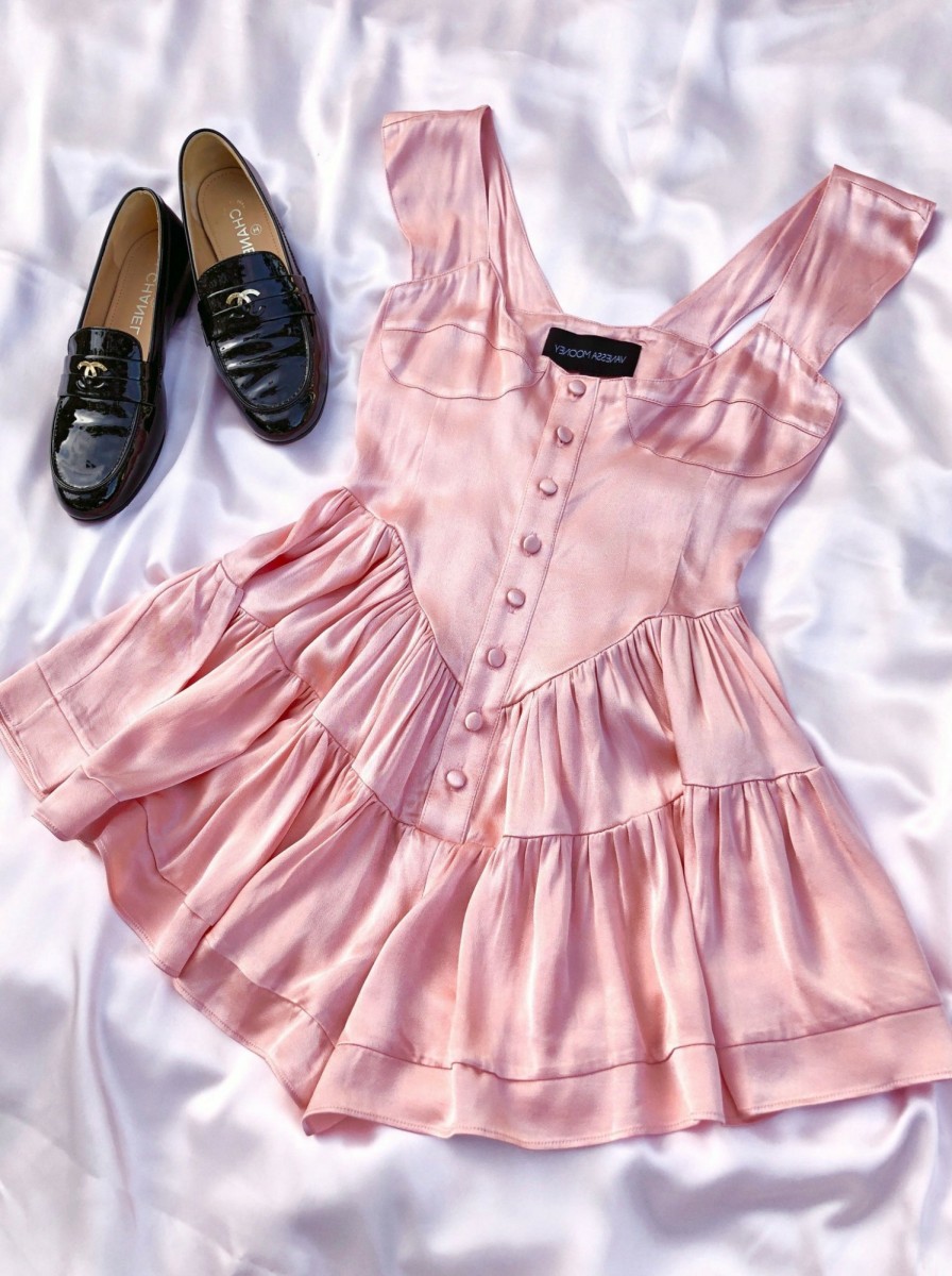 Clothing Vanessa Mooney | The Elisabeth Romper Dress - Baby Pink Satin