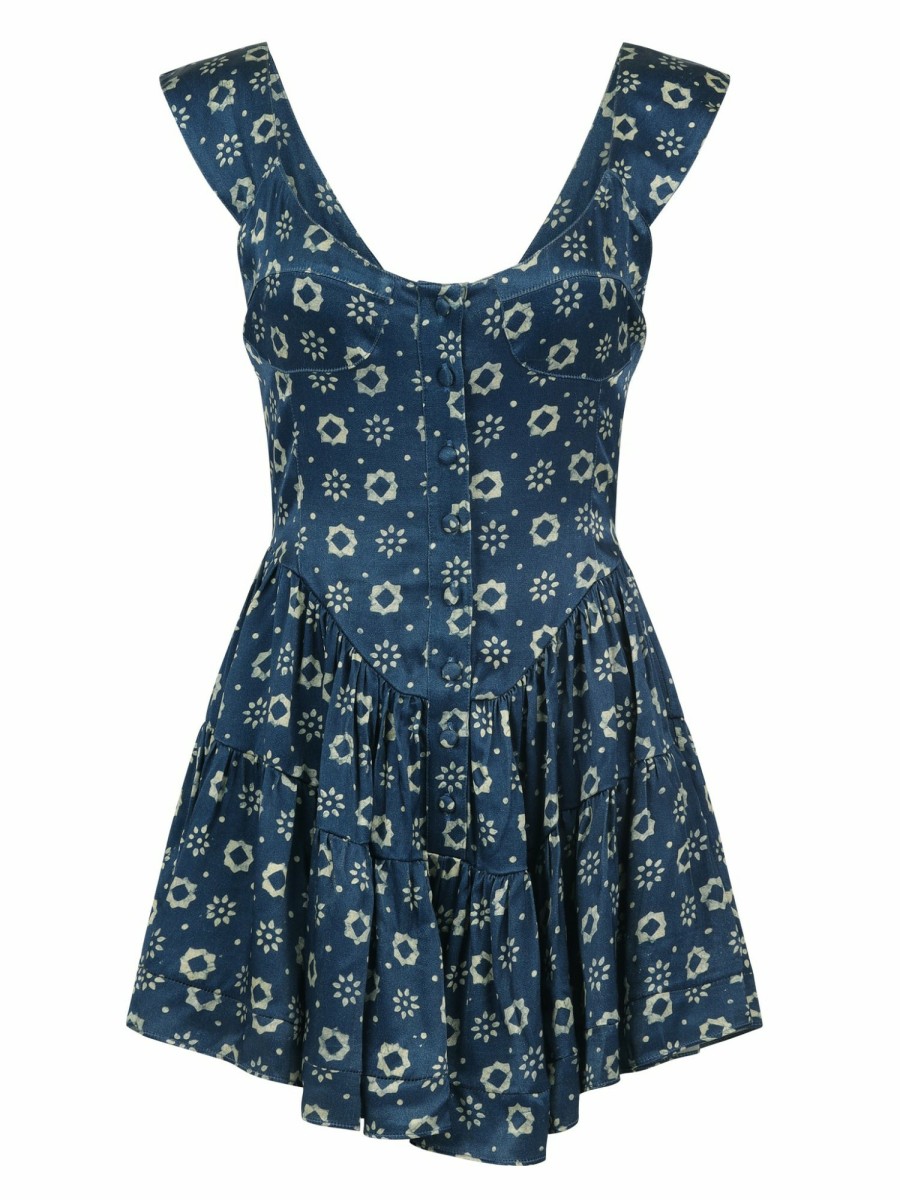 Clothing Vanessa Mooney | The Elisabeth Romper Dress - Indigo Flower